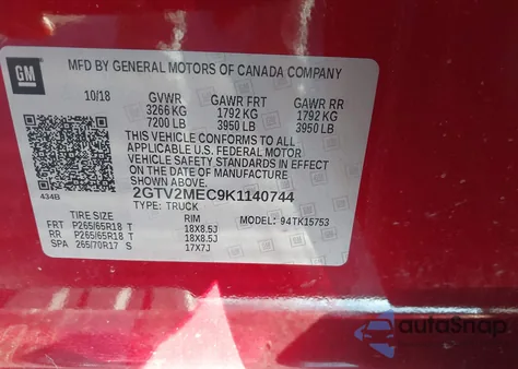 2019 GMC Sierra 1500 Limited Sle z USA, uszkodzony, nr VIN 2GTV2MEC9K1140744